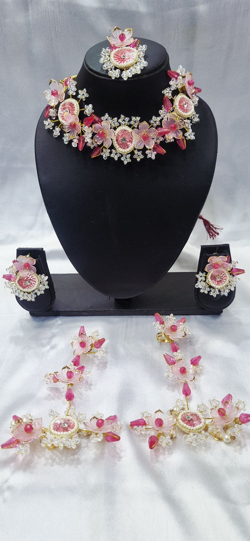 PINK CRYSTAL SEQUENCE HANDMADE JEWELLERY SETS FOR WOMENS SKU489