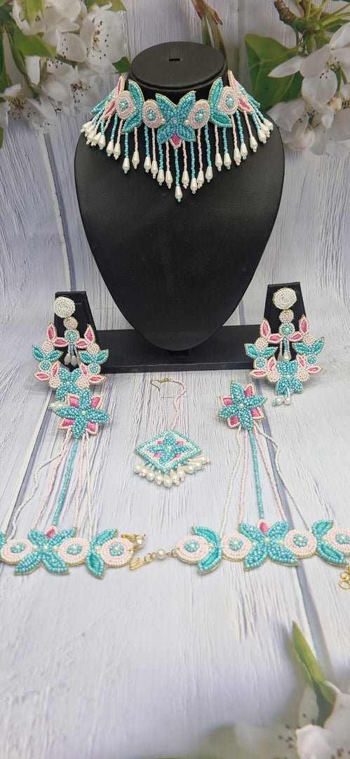 Pink & Sky Blue Beads Jewellery Necklace Set for Haldi-Mehndi Ceremony BJ73