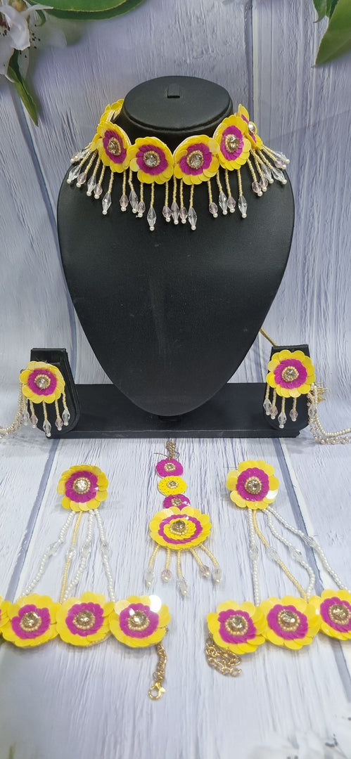 RANI & YELLOW FLOWER JEWELLERY SET FOR WOMEN SKU500
