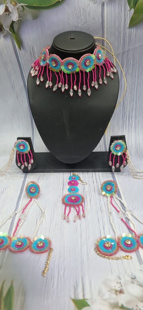 SKY BLUE & RANI FLOWER JEWELLERY SET FOR WOMEN SKU 501