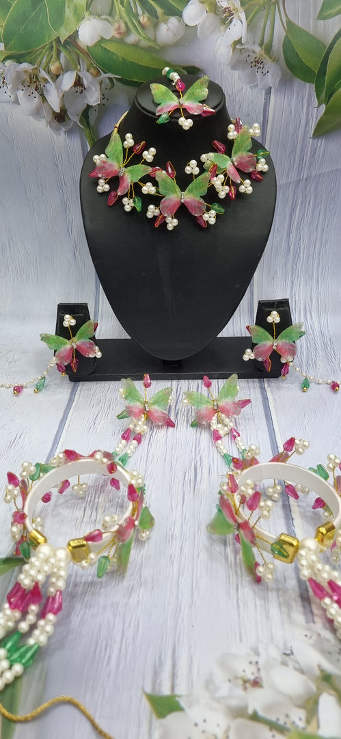 GREEN & PINK DUAL SHADE  BUTTERFLY CRYSTAL HANDMADE Jewellery Sets for Womens SKU503