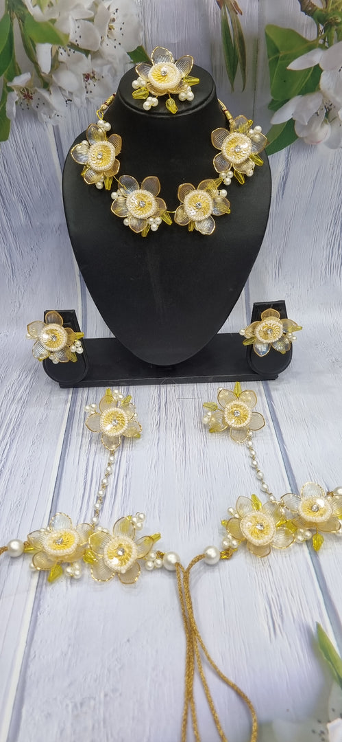 YELLOW FLOWER SET WITH  CRYSTAL HANDMADE Jewellery Sets for Womens SKU507