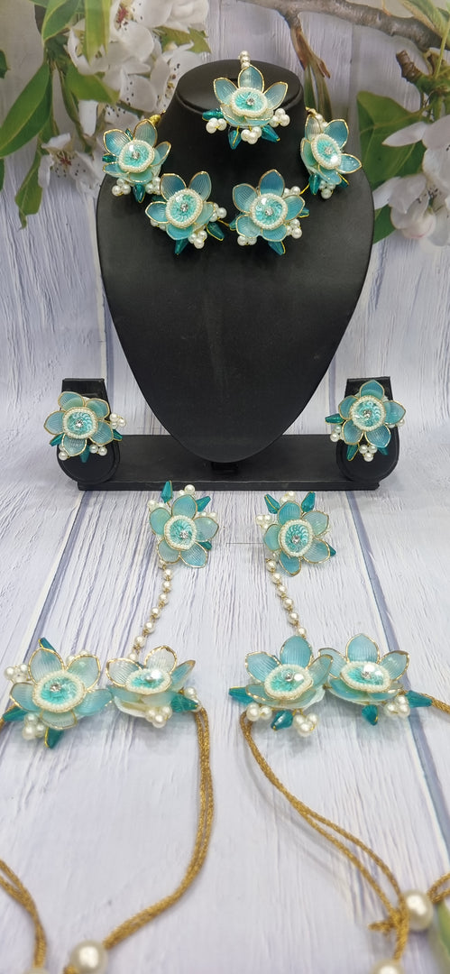 SKY BLUE  FLOWER SET WITH  CRYSTAL HANDMADE Jewellery Sets for Womens SKU513