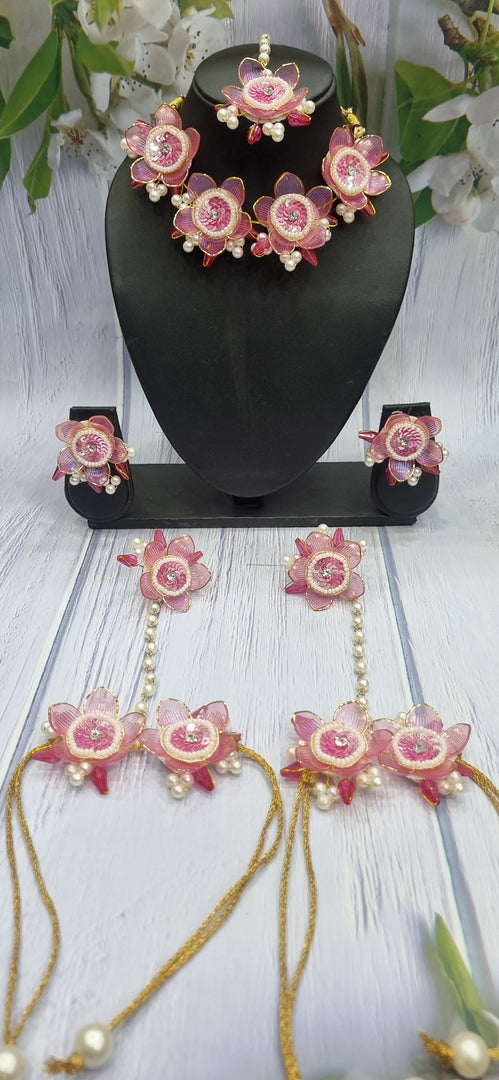 RANI PINK FLOWER SET WITH  CRYSTAL HANDMADE Jewellery Sets for Womens SKU512