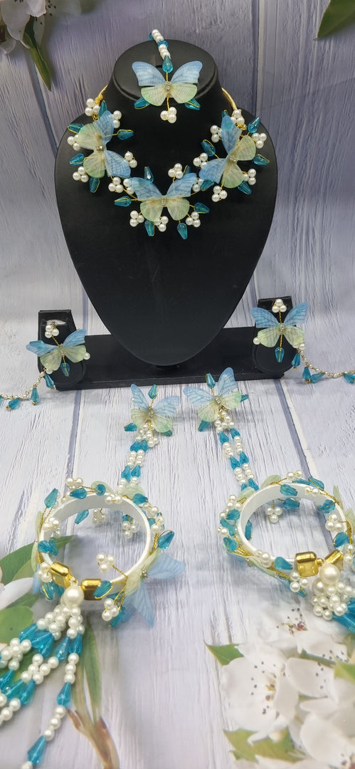 SKY BLUE & GREEN BUTTERFLY CRYSTAL HANDMADE Jewellery Sets for Womens SKU568