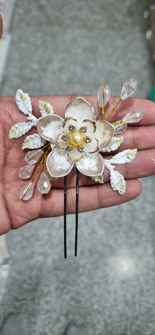WHITE & SILVER LOTUS FLOWER HAIR PIN for Womens SKU626