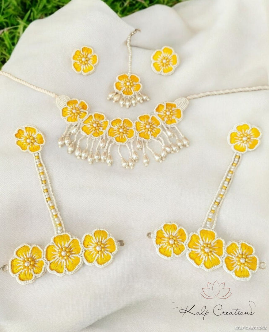 YELLOW Floral Handmade Beaded Necklace Jewellery Earrings Set