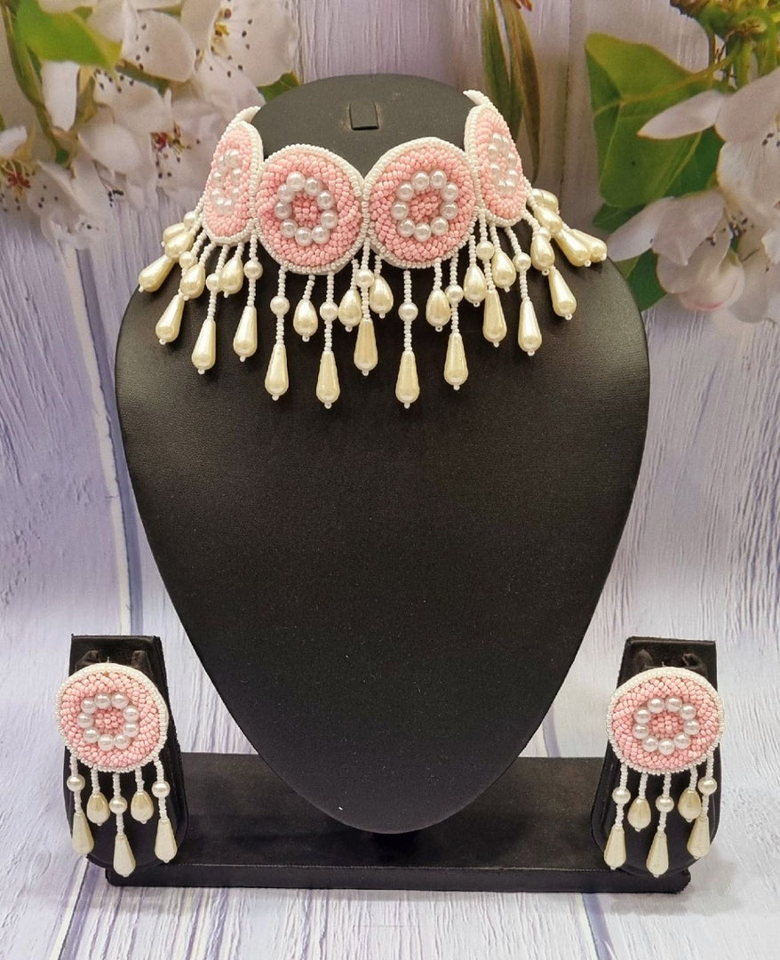 Pink Petal Handmade Beaded White Pearl Necklace Jewellery Earrings Set