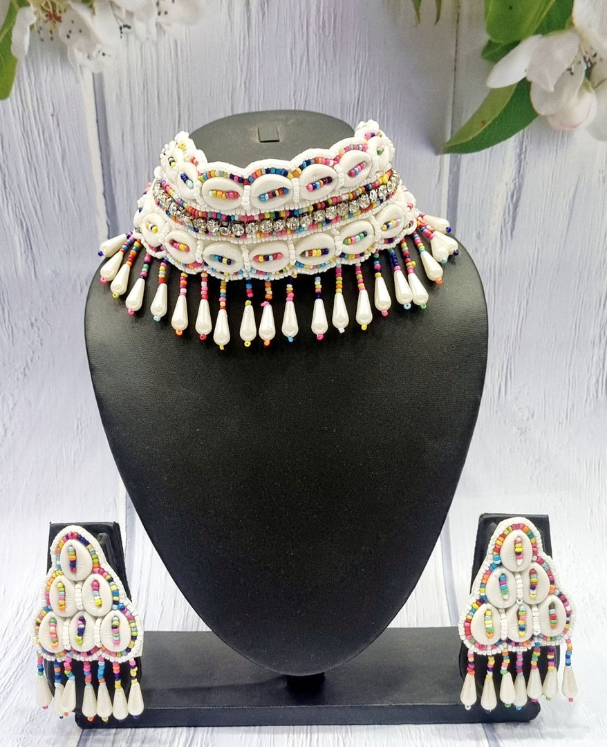 Colourful Beaded Seaside Shell Necklace Jewellery Earrings Set