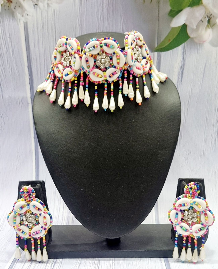 Colourful Floral Shell Delight Handcrafted Necklace Jewellery Earrings Set