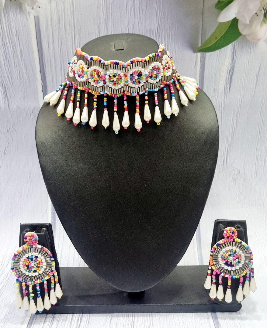 Colourful Beaded Tubelight Shell Handcrafted Necklace Jewellery Earrings Set