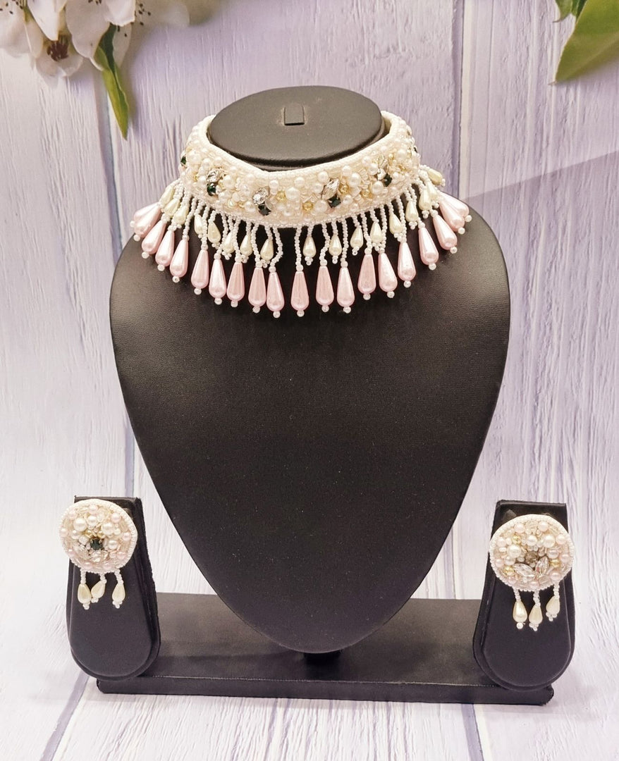 Pink Delight White Beaded Handmade Necklace Jewellery Earrings Set