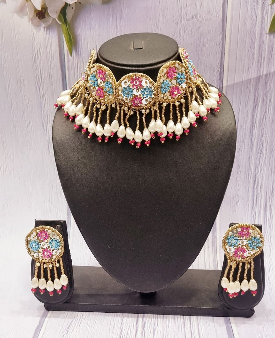 Golden Spark Colourful Beaded Handcrafted Necklace Jewellery Earrings Set