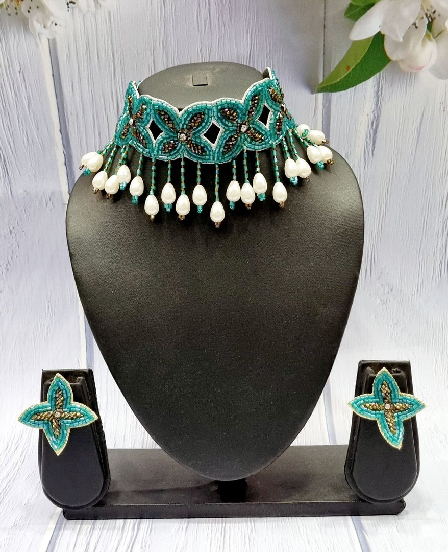 Aqua Beaded White Pearl Handcrafted Necklace Jewellery Earrings Set