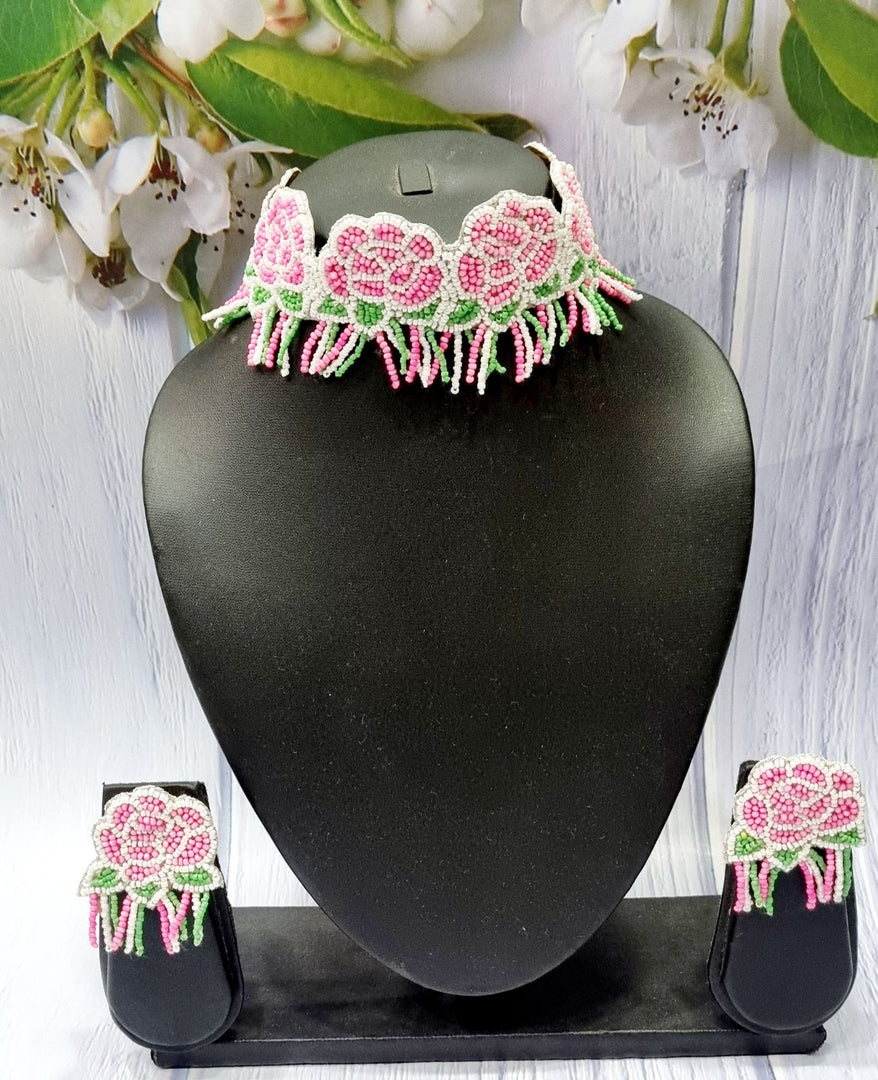 Handmade Rose Bud Necklace Jewellery Earrings Set