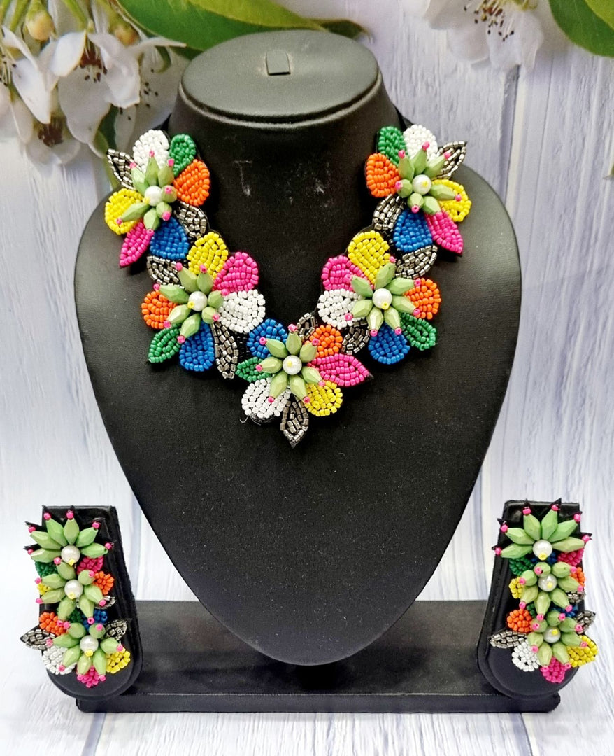 Multicolour Beaded Floral Handmade Necklace Jewellery Earrings Set