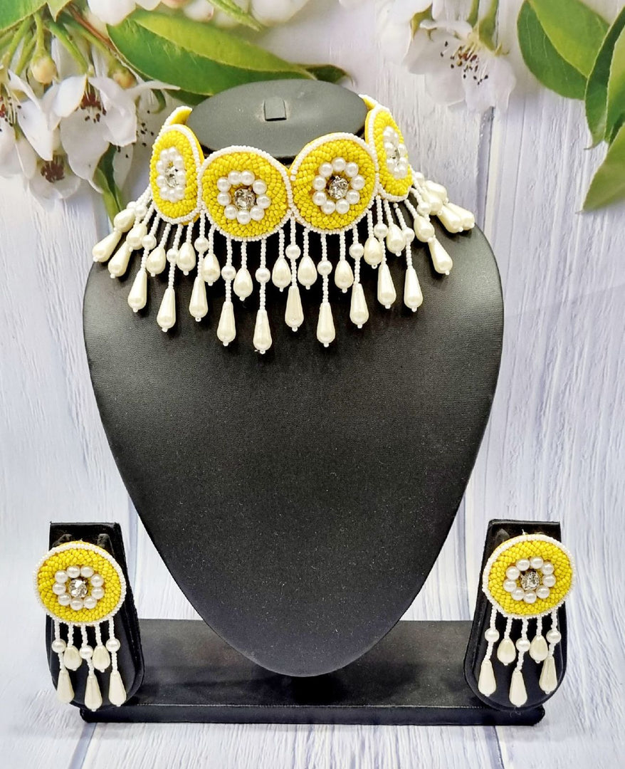 Handmade Yellow Radience White Pearl Necklace Earrings Jewellery Set