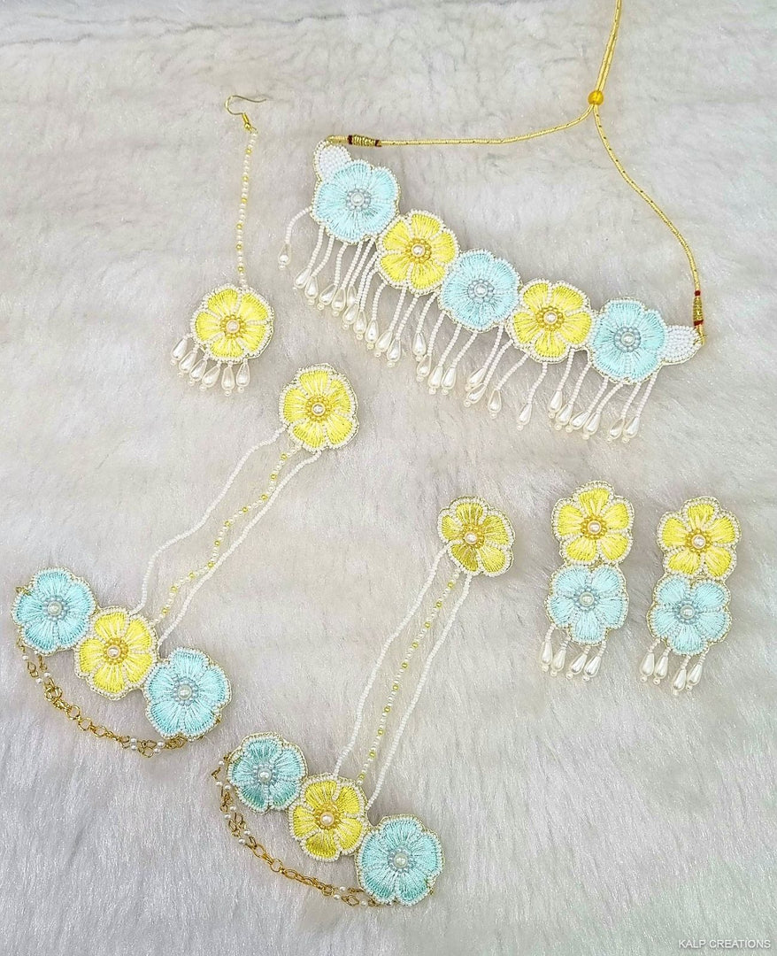 POWDER BLUE & YELLOW Handmade Beaded Jewellery Set for Haldi-Mehndi