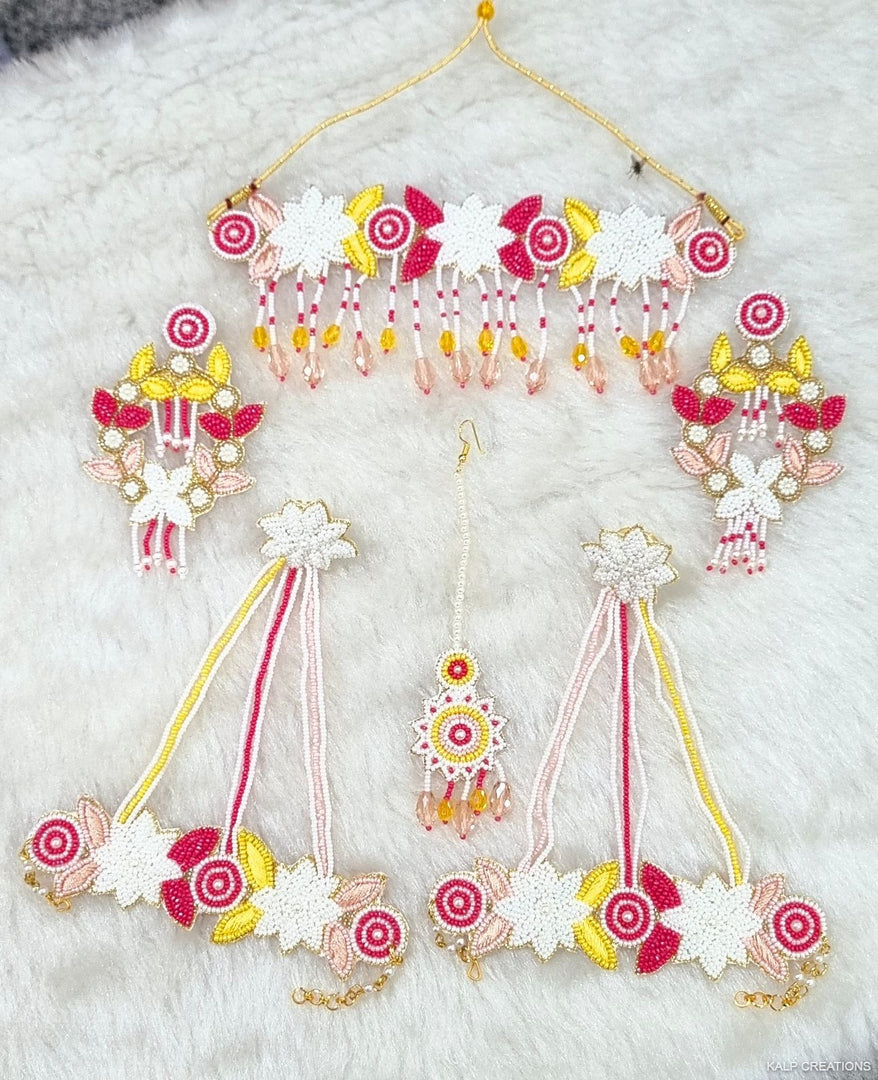 PINK & YELLOW Beads Jewellery Necklace Set for Haldi-Mehndi Ceremony