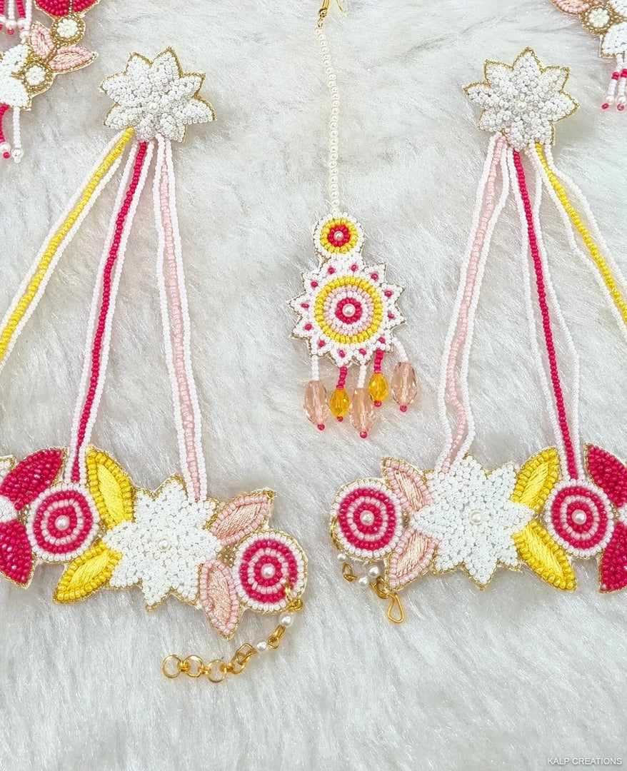 PINK & YELLOW Beads Jewellery Necklace Set for Haldi-Mehndi Ceremony