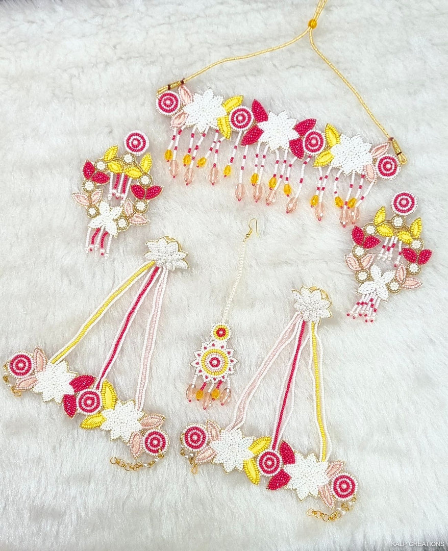 PINK & YELLOW Beads Jewellery Necklace Set for Haldi-Mehndi Ceremony