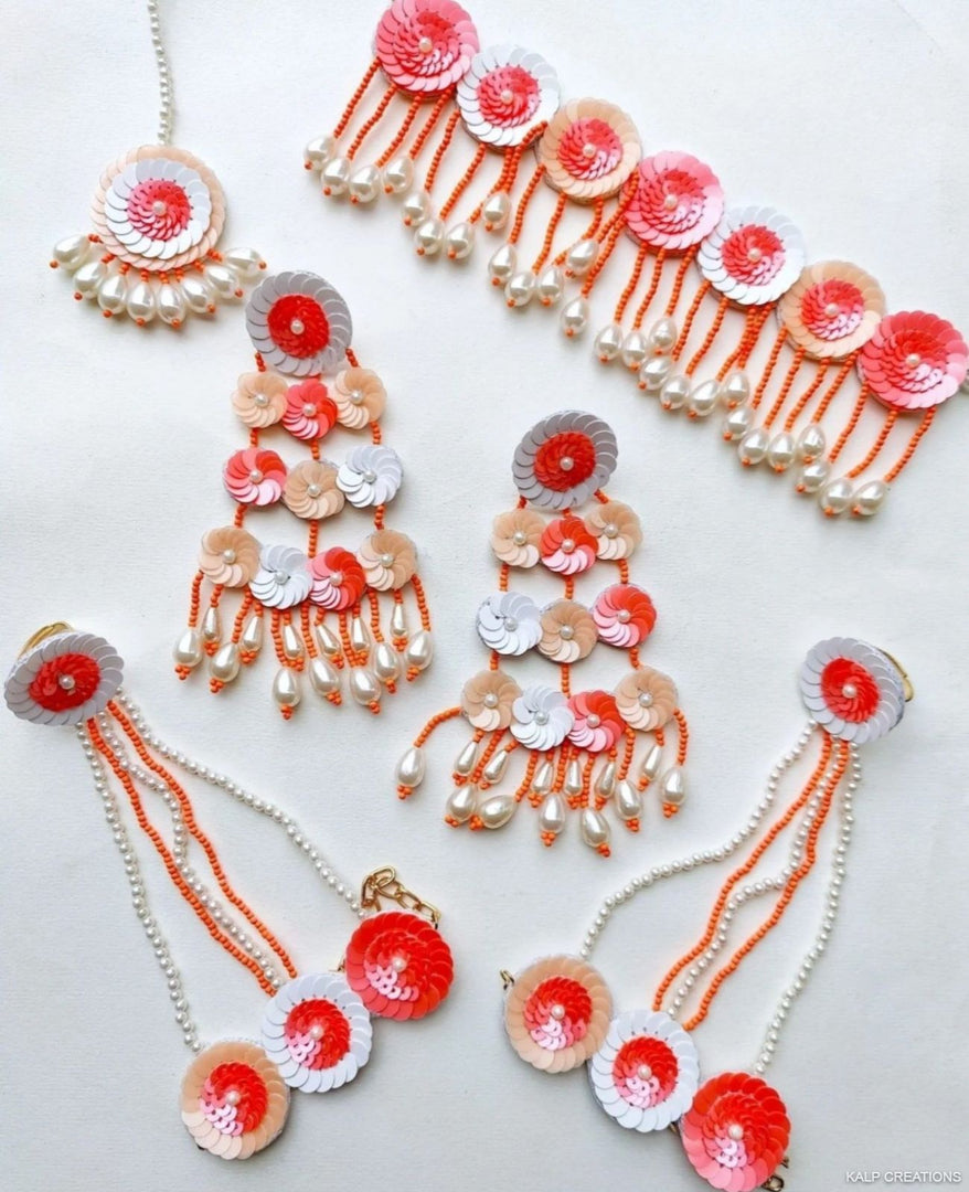 CARROT & PEACH SEQUENCE BEADS Jewellery Set for Haldi-Mehndi Ceremony