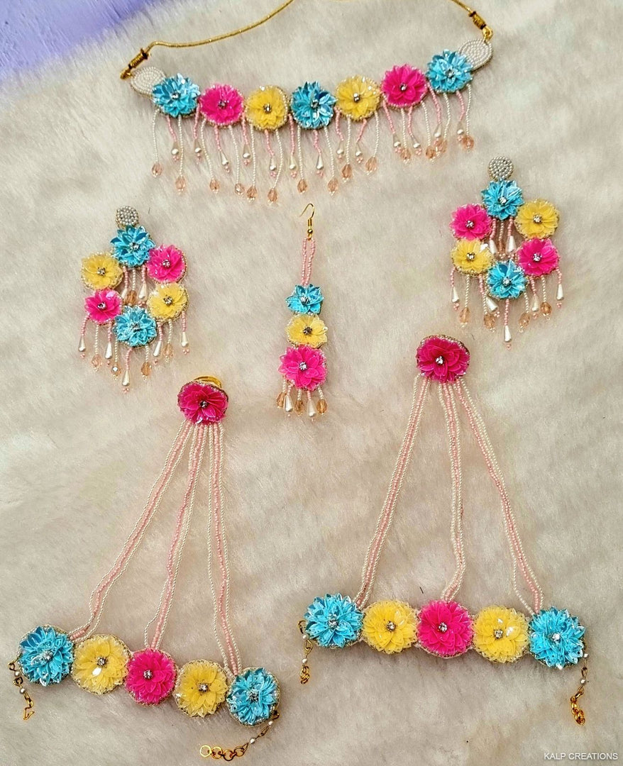 POWDER BLUE PINK & YELLOW SEQUENCE BEADS Jewellery Set for Haldi-Mehndi Ceremony