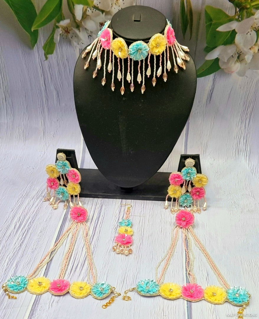 POWDER BLUE PINK YELLOW SEQUENCE BEADS Jewellery Set for Haldi-Mehndi Ceremony