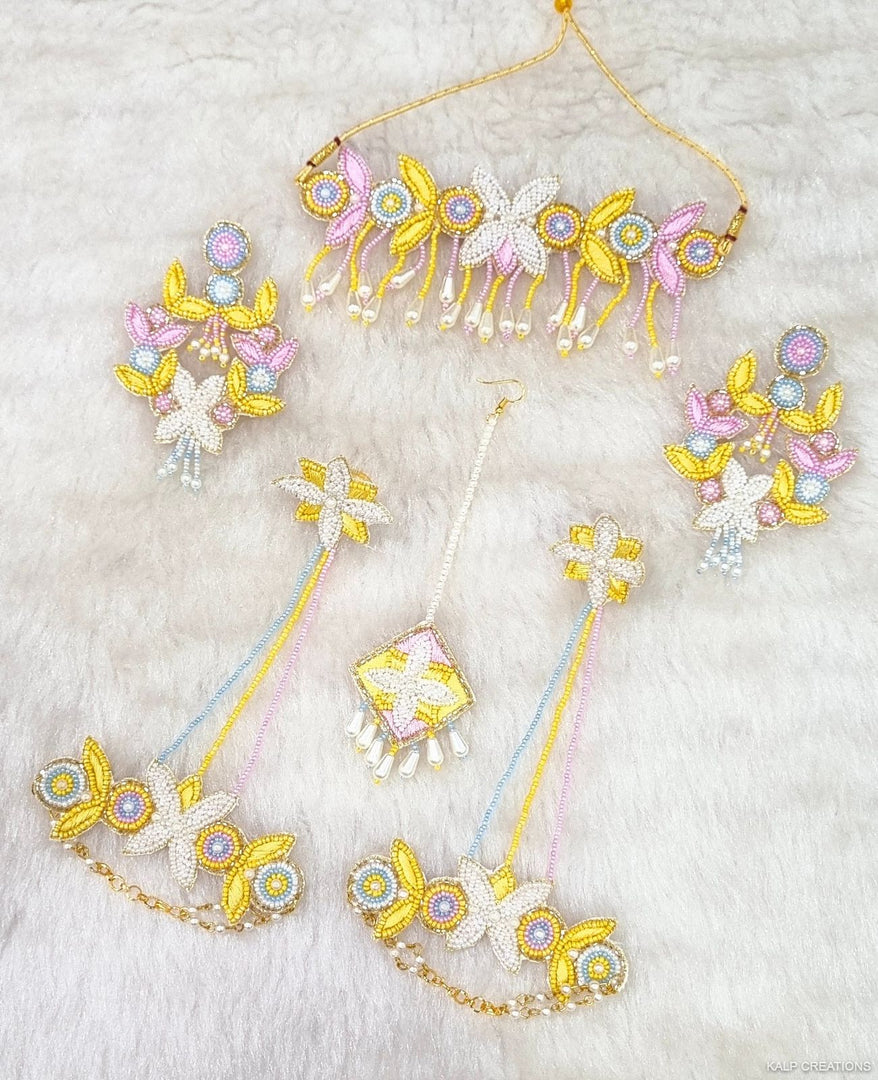 PINK & YELLOW Beads Jewellery Necklace Set for Haldi-Mehndi Ceremony