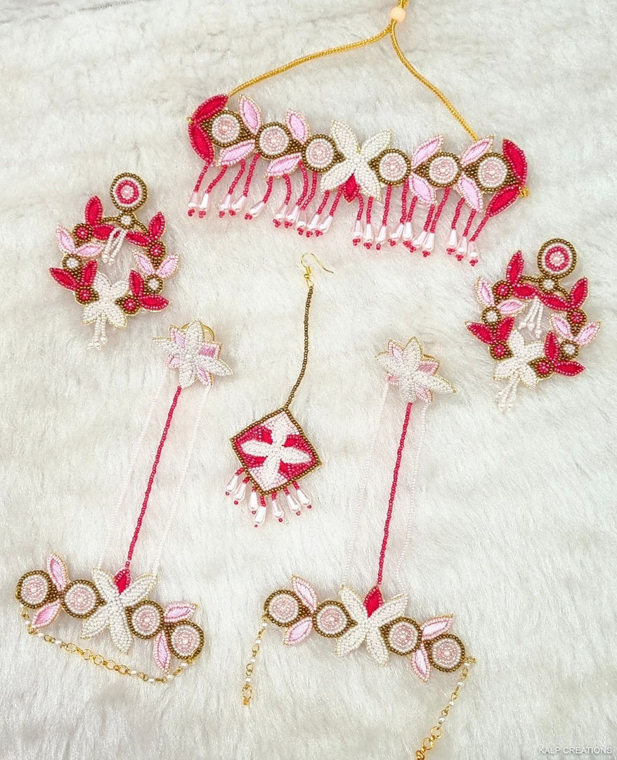 DARK PINK & WHITE Beads Jewellery Necklace Set for Haldi-Mehndi Ceremony