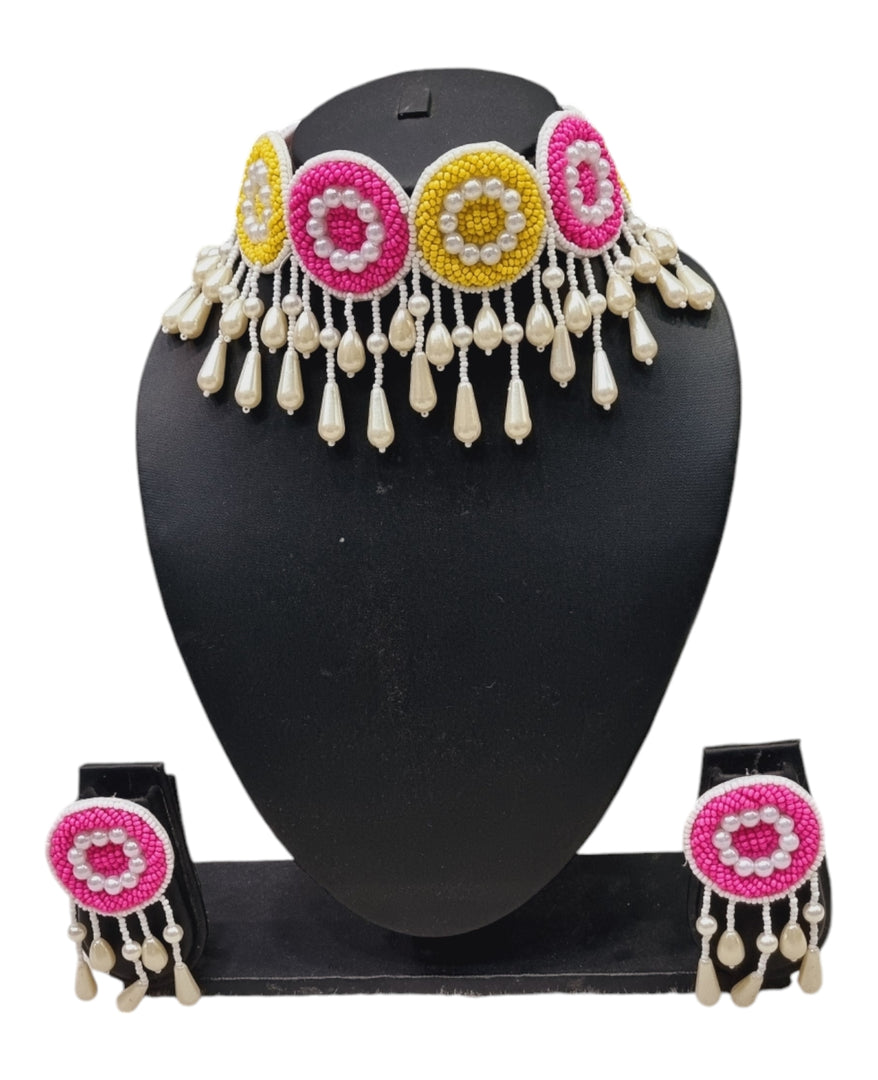 PINK & YELLOW Jewellery Necklace Set for Haldi-Mehndi Ceremony