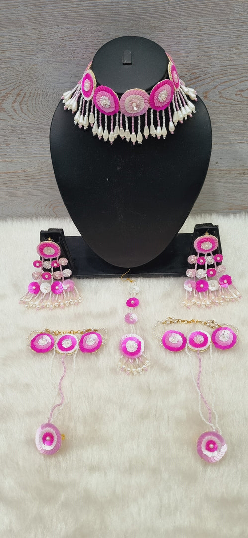 MAGENTA PINK SEQUENCE BEADS Jewellery Set for Haldi-Mehndi Ceremony