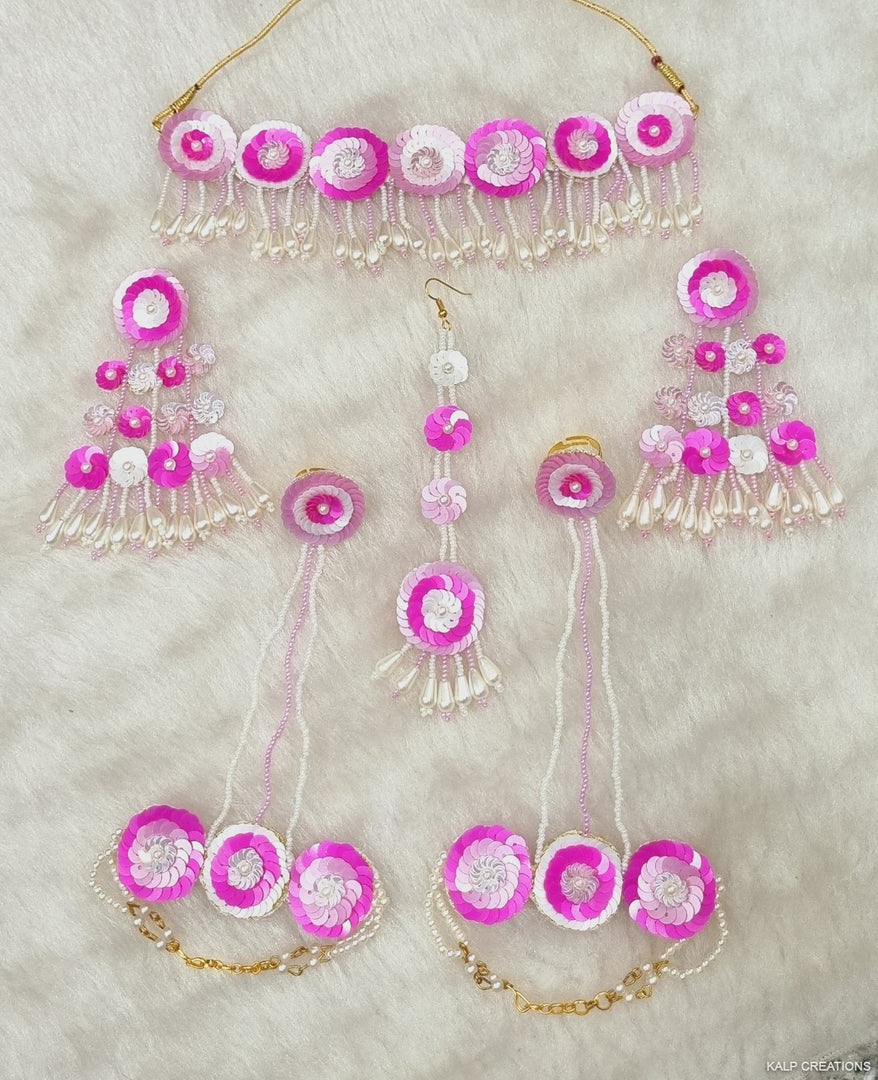 MAGENTA PINK SEQUENCE BEADS Jewellery Set for Haldi-Mehndi Ceremony