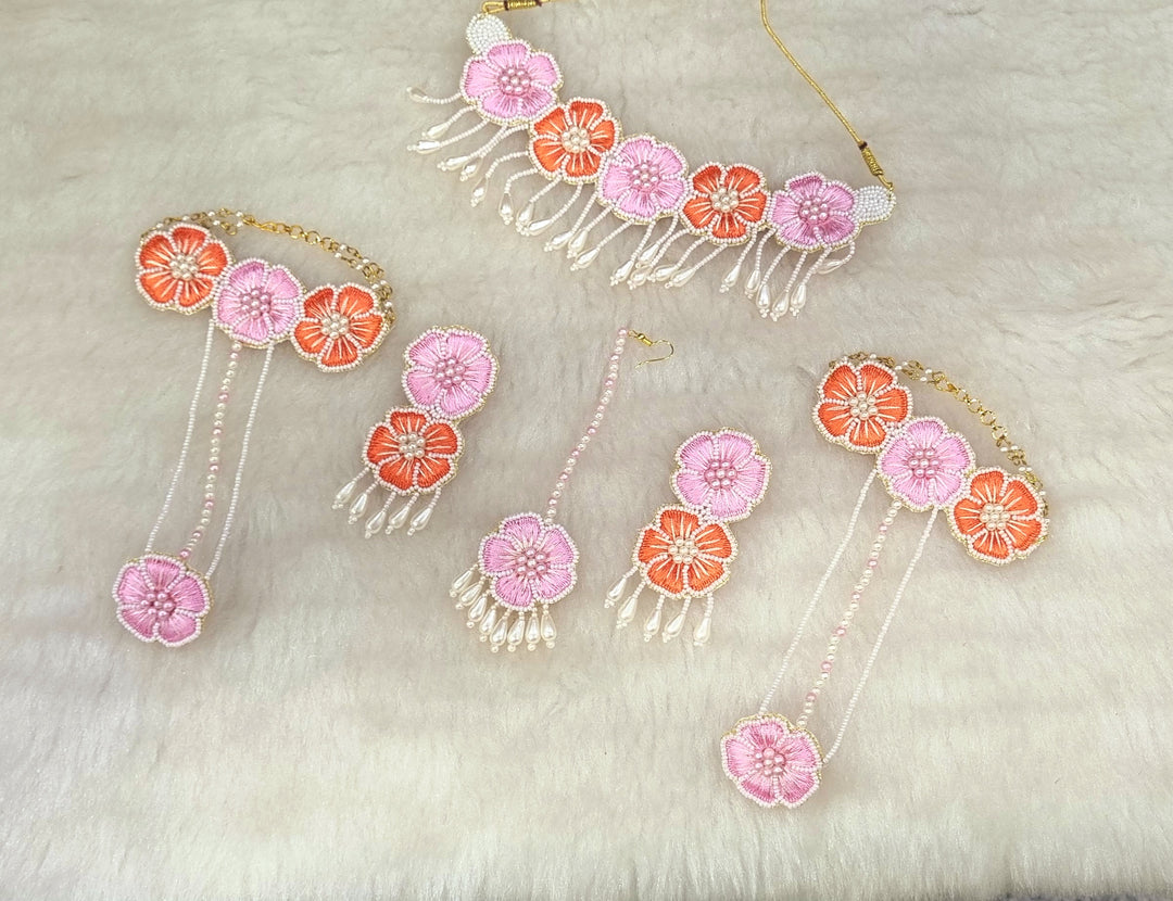 PEACHY ORANGE BEADS Jewellery Set for Haldi-Mehndi Ceremony