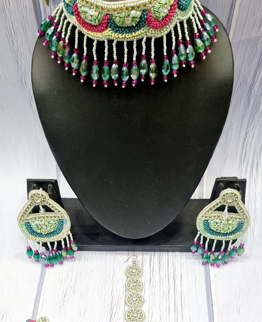 Emerald Blossom Handmade Beaded Necklace Jewellery Earrings Set