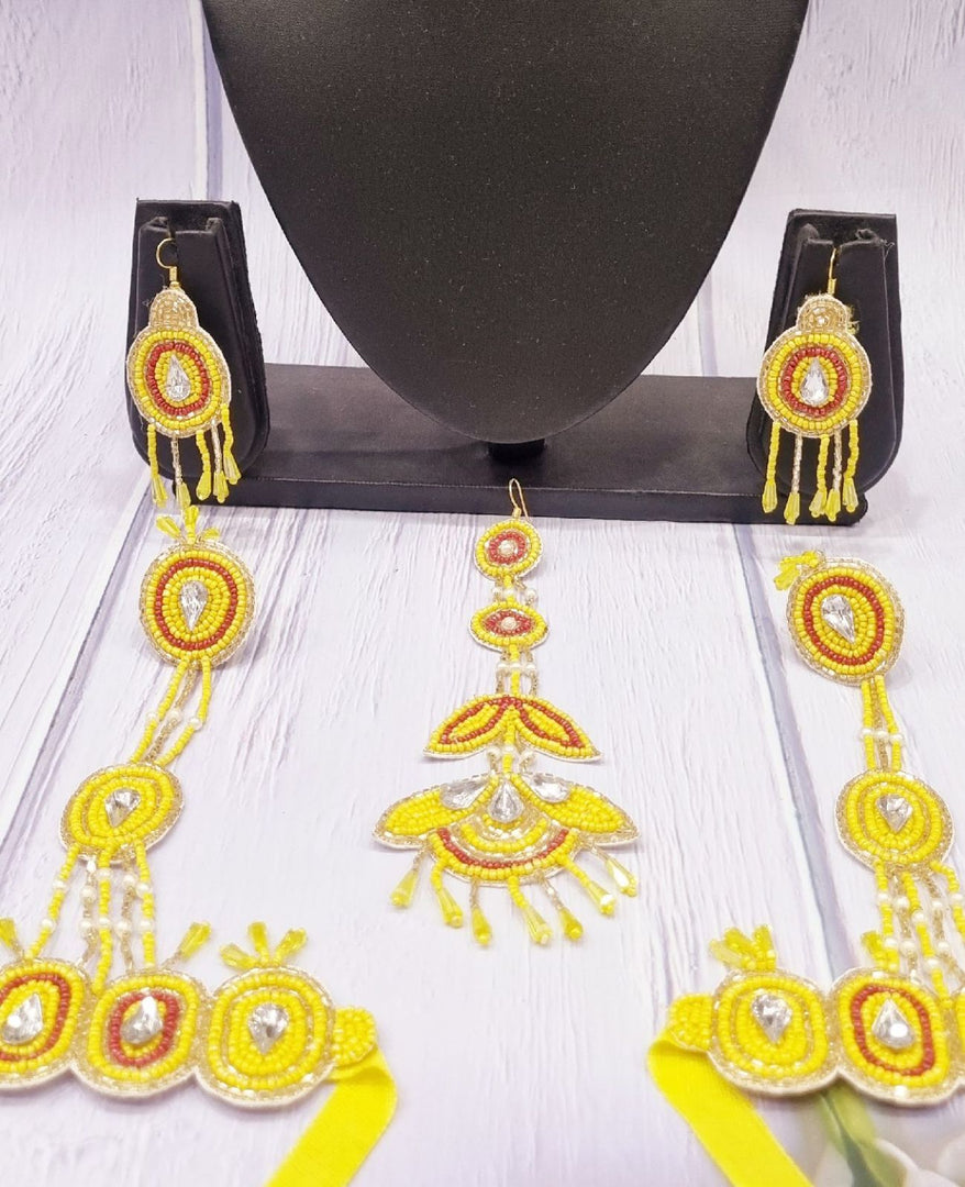 Hibiscus Yellow Beaded Handcrafted Necklace Earrings Jewellery Set