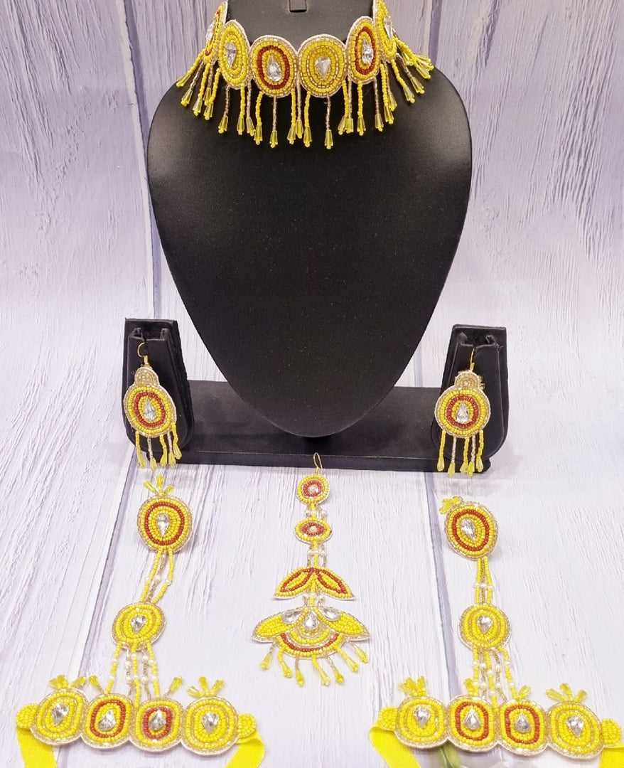 Hibiscus Yellow Beaded Handcrafted Necklace Earrings Jewellery Set