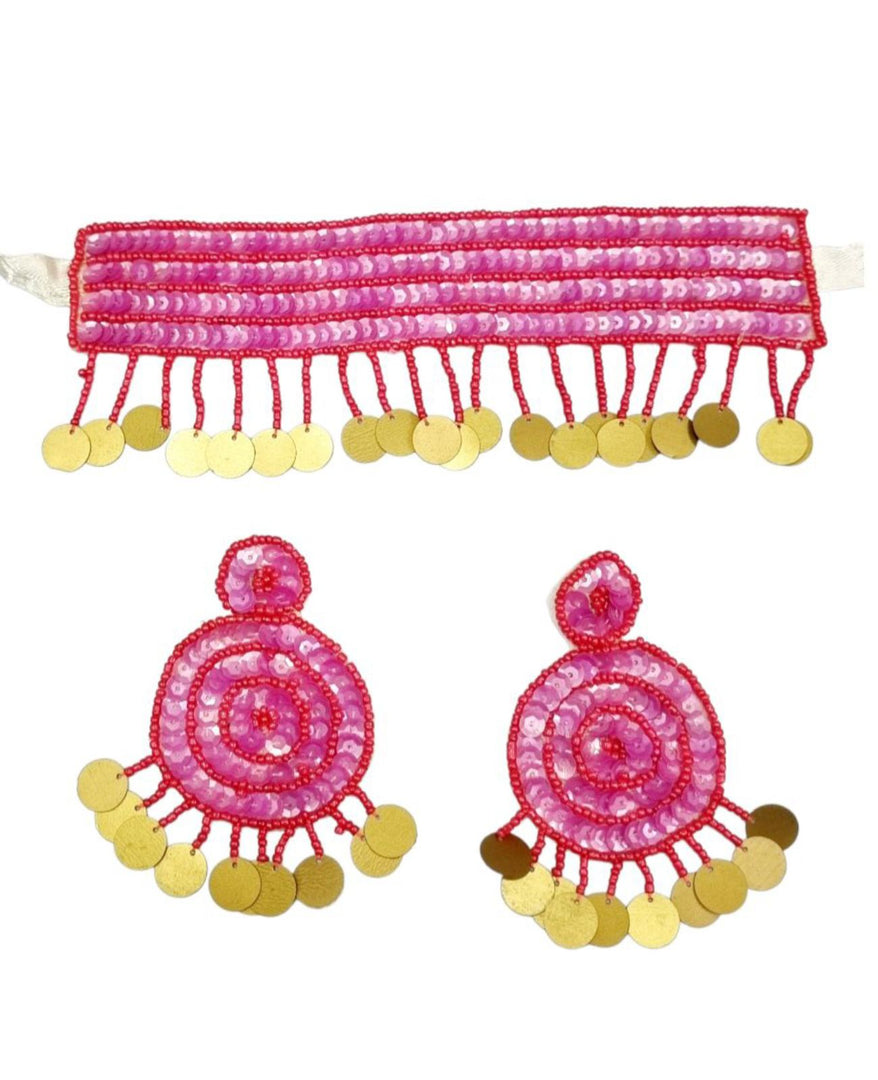 Pink and Golden Midtown Beauty Handmade Beaded Earrings Jewellery Set