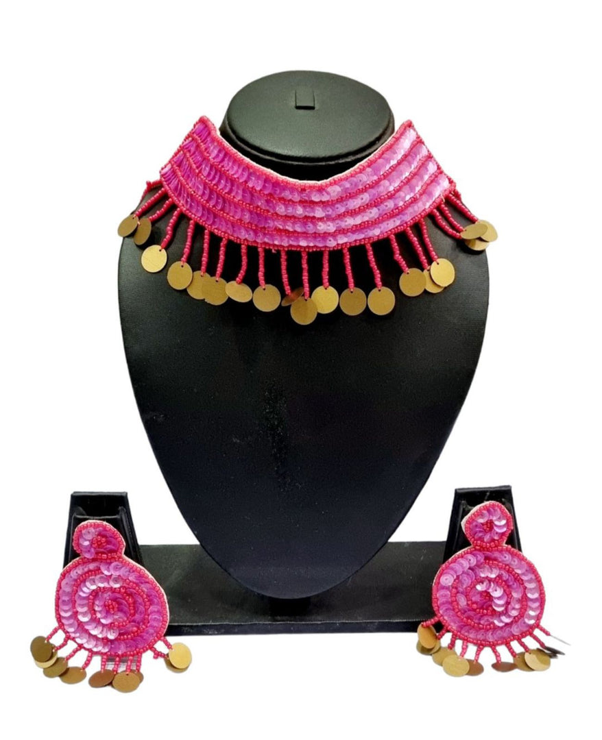 Pink and Golden Midtown Beauty Handmade Beaded Earrings Jewellery Set