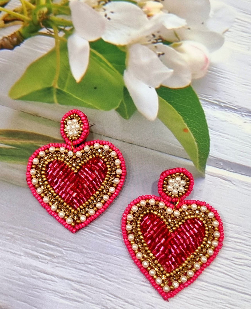 PINK HEART SHAPED BEADED EARRINGS