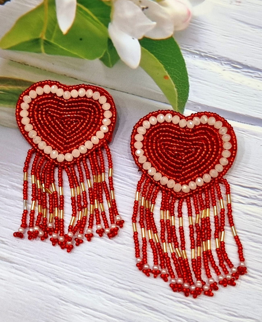 RED HEART DANGLERS BEADED EARRINGS