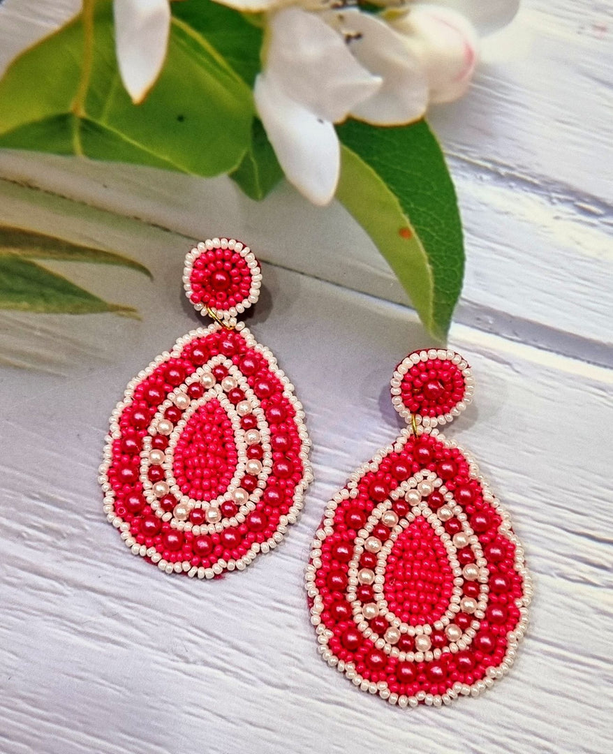 PINK OVAL SHAPED BEADED EARRINGS