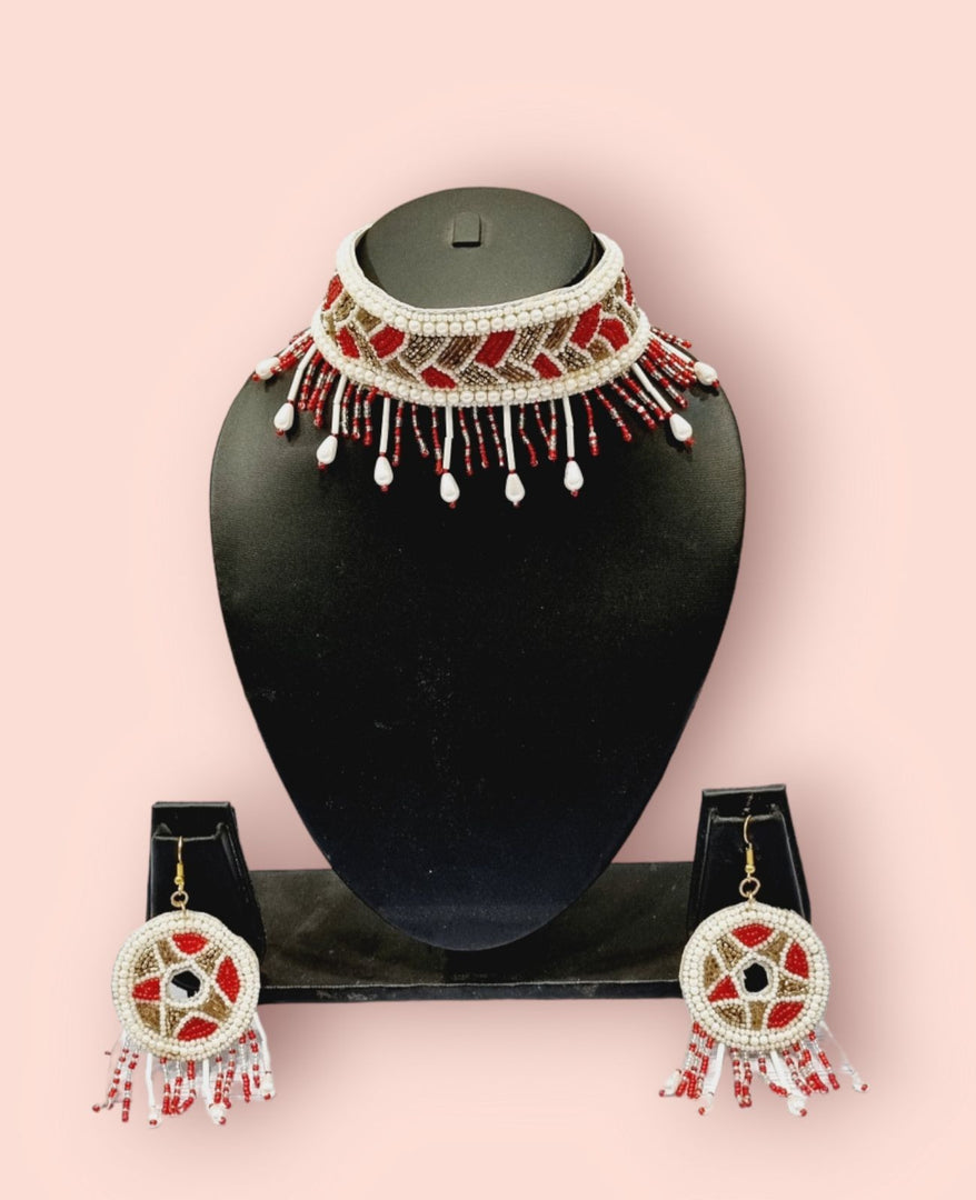 Handcrafted Ruby Rainfall Beaded Jewellery Necklace Set