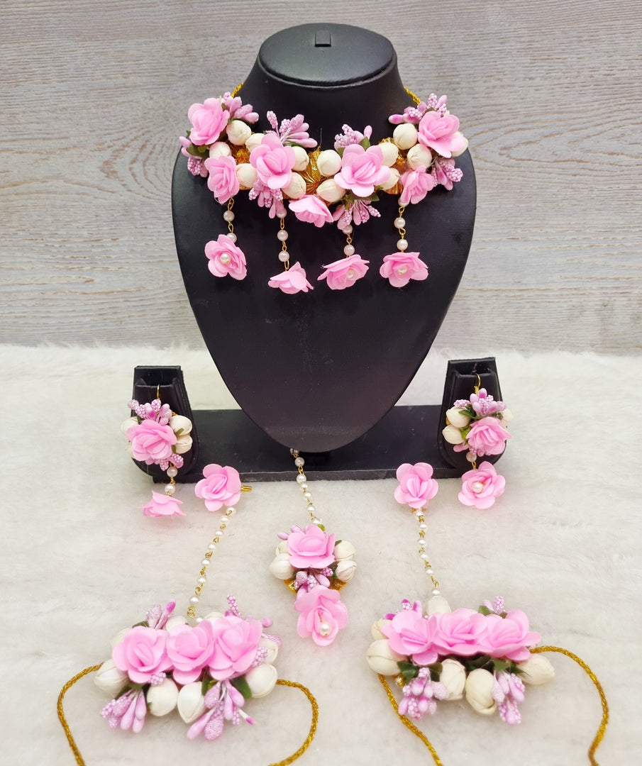 BABY PINK Floral Jewellery Necklace Set for Haldi-Mehndi SKU199