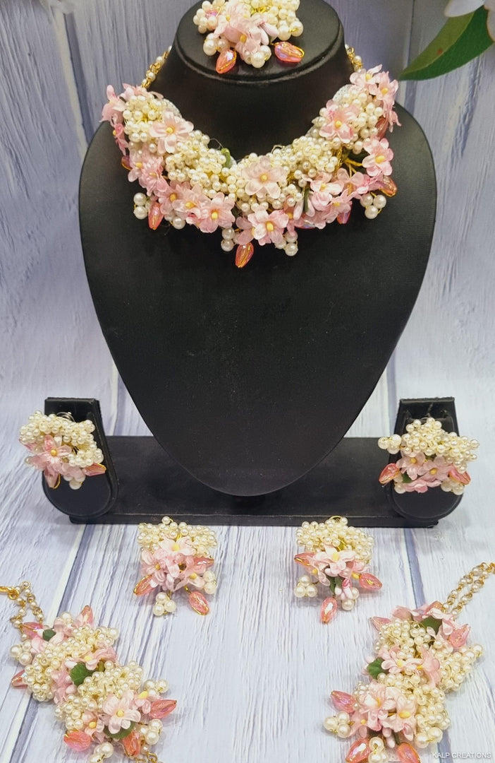 BABY PINK THAI FLOWER MOTIF JEWELLERY Set for Haldi-Mehndi  SKU409