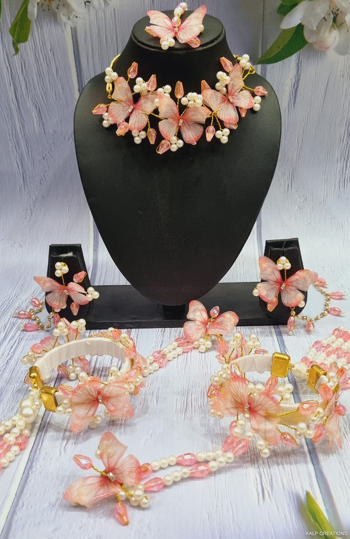 PEACH PINK BUTTERFLY JEWELLERY Set for Haldi-Mehndi  SKU420