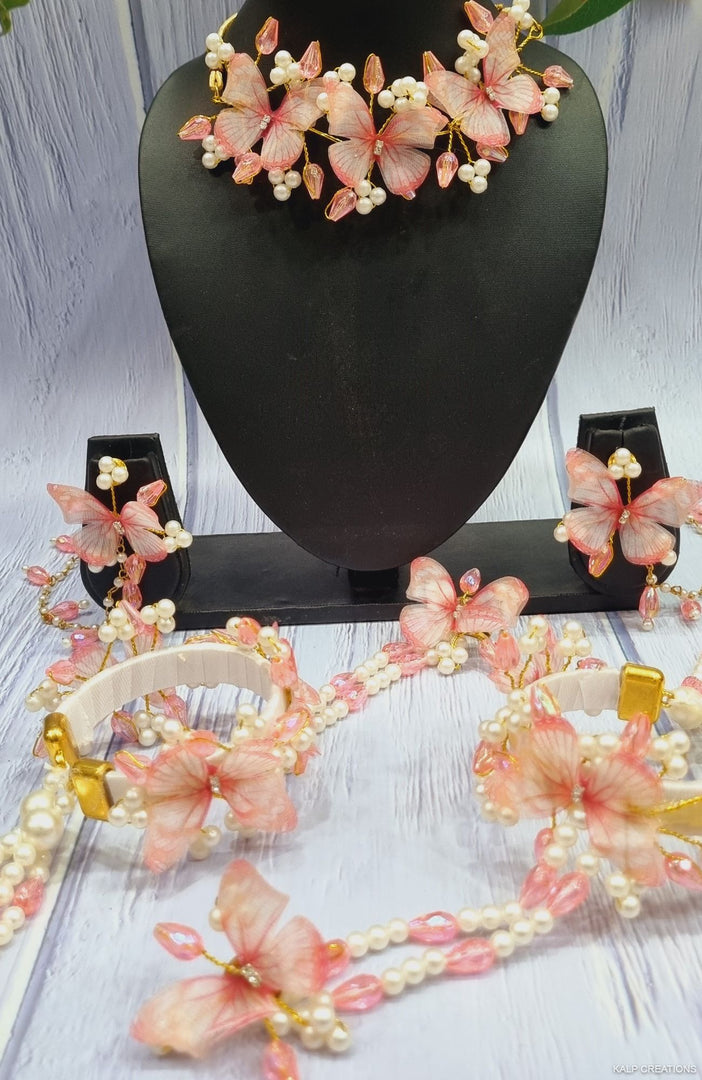 PEACH PINK BUTTERFLY JEWELLERY Set for Haldi-Mehndi  SKU420