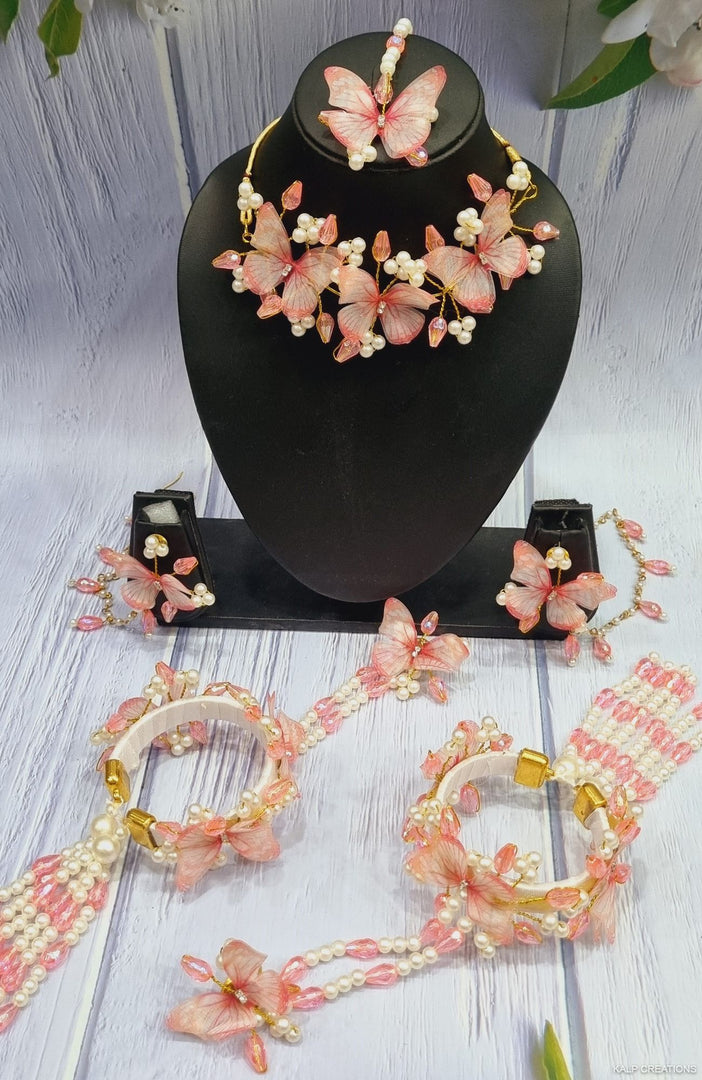 PEACH PINK BUTTERFLY JEWELLERY Set for Haldi-Mehndi  SKU420