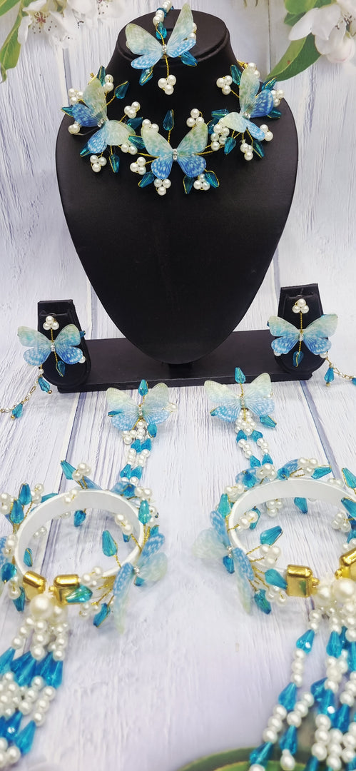 SKY BLUE & NEON BUTTERFLY CRYSTAL HANDMADE Jewellery Sets for Womens SKU477