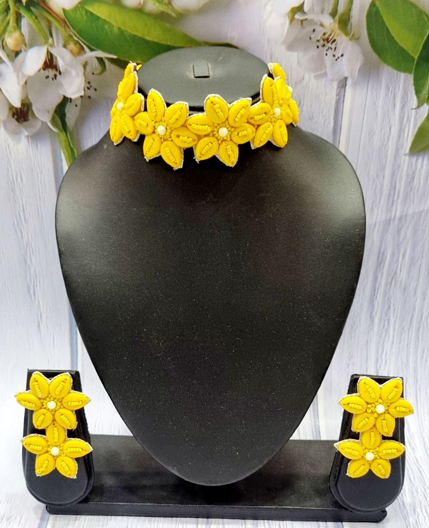 Handcrafted Yellow Floral Necklace Earrings Set